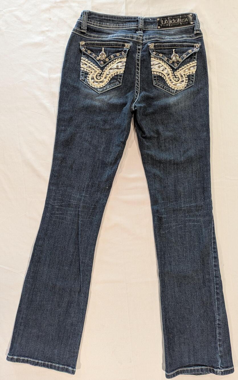 LA Idol USA Jeans Juniors 7 Blue Med Wash Low Rise Bootcut Rhinestone Denim